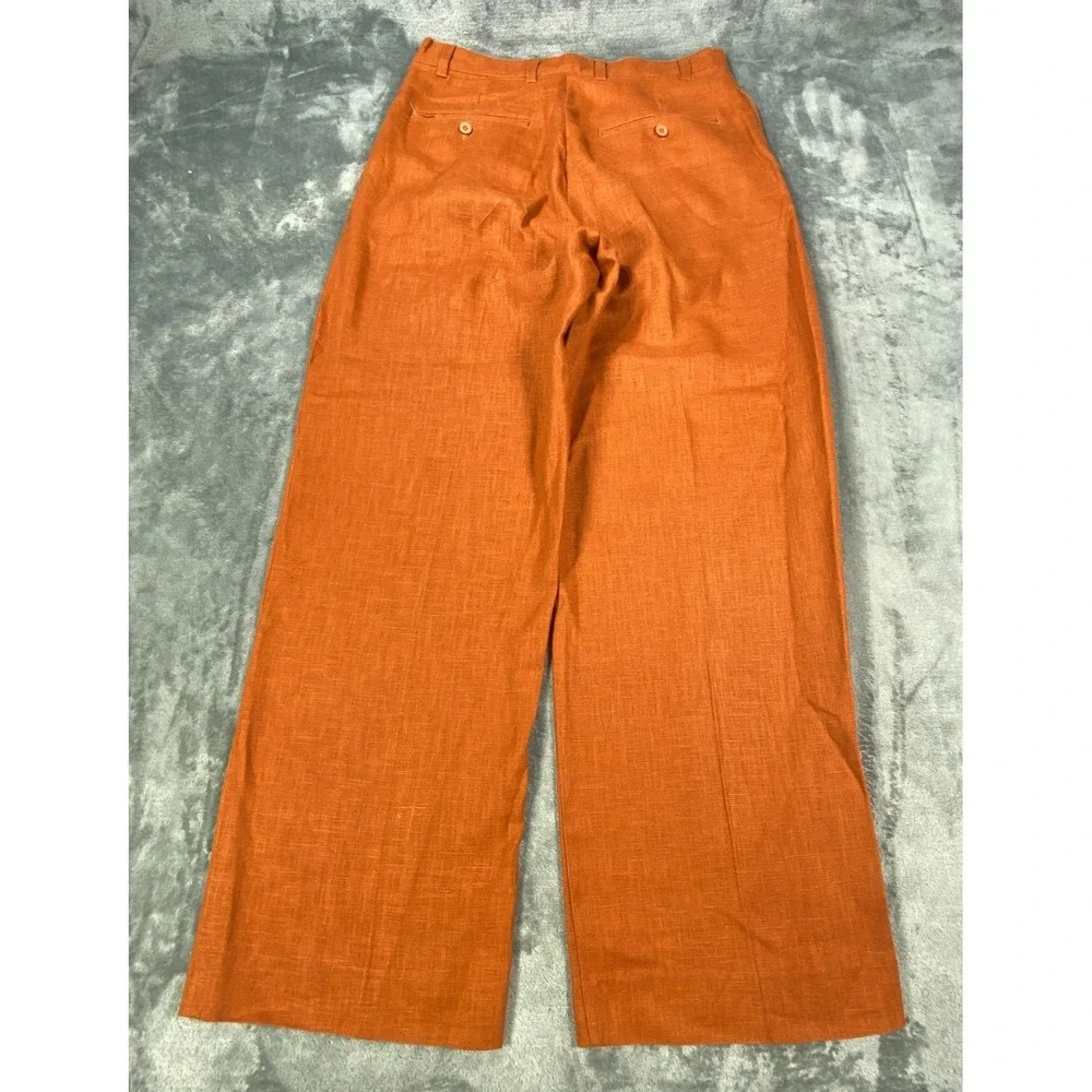 Mens 100% Linen Pants Sz 32x31 Wide Leg High Waist Straight Trouser Burnt Orange